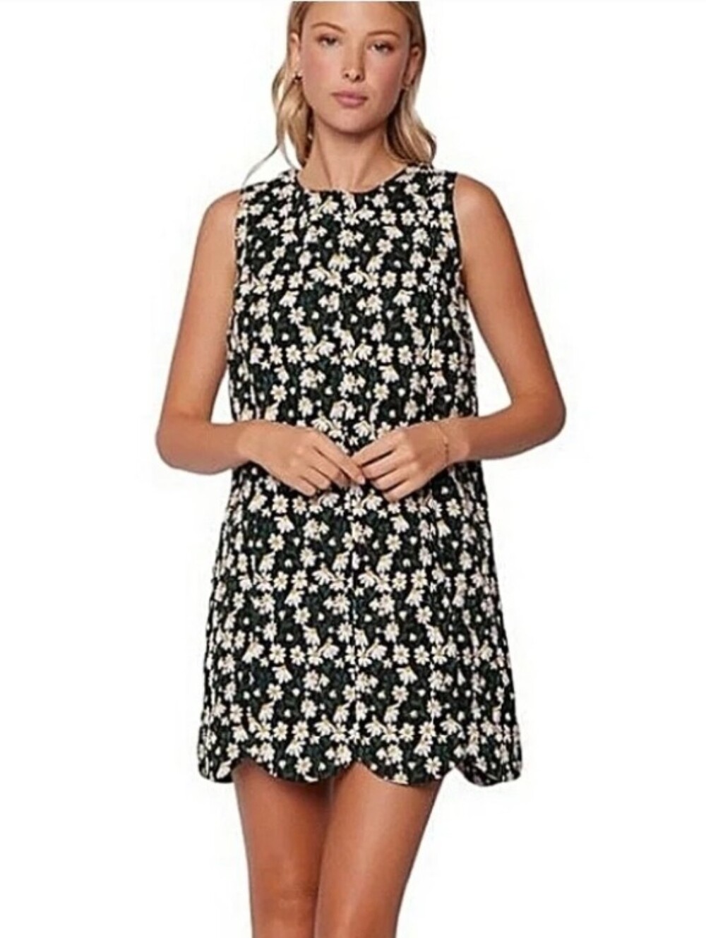 NWOT Lost + Wander Sleeveless Black Floral Embroidered Shift Dress Scalloped Hem